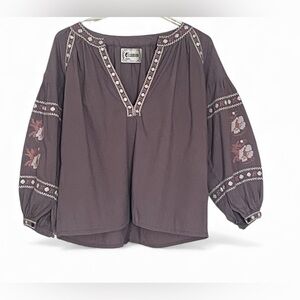 Elcamino Boho Embroidered Blouse Cotton Peasant Top Long Sleeve Purple Medium